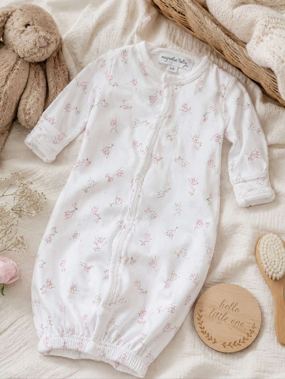 Magnolia Baby Pima Cotton Pink Stork Convertible Gown NB